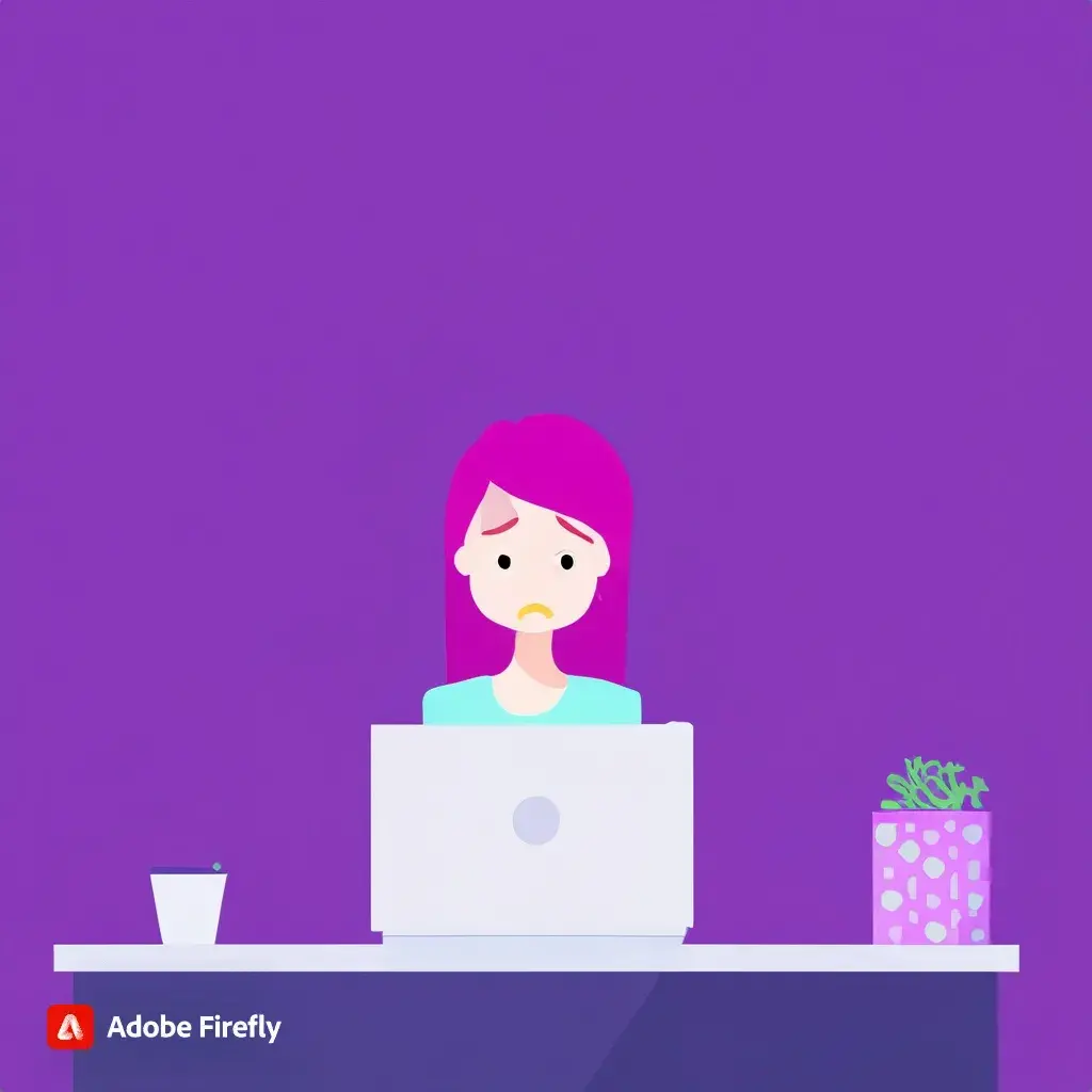 Jak na tvorbu webu, online džungle, Anna Fink, obrázek je z Firefly bílá žena sedí u počítače, je smutná, fialová barva